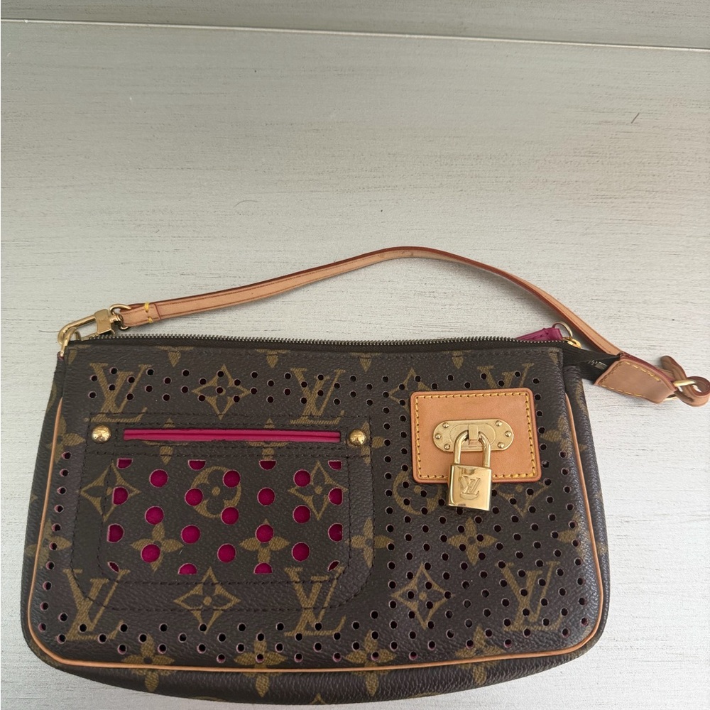 Louis Vuitton Perforated Monogram Clutch with Fuchsia Accents